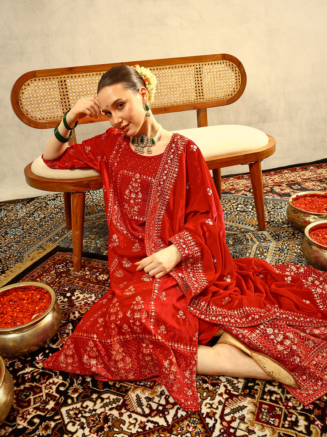 Ishin Pink Gold Print Festive Kurta with Trouser & Velvet Dupatta