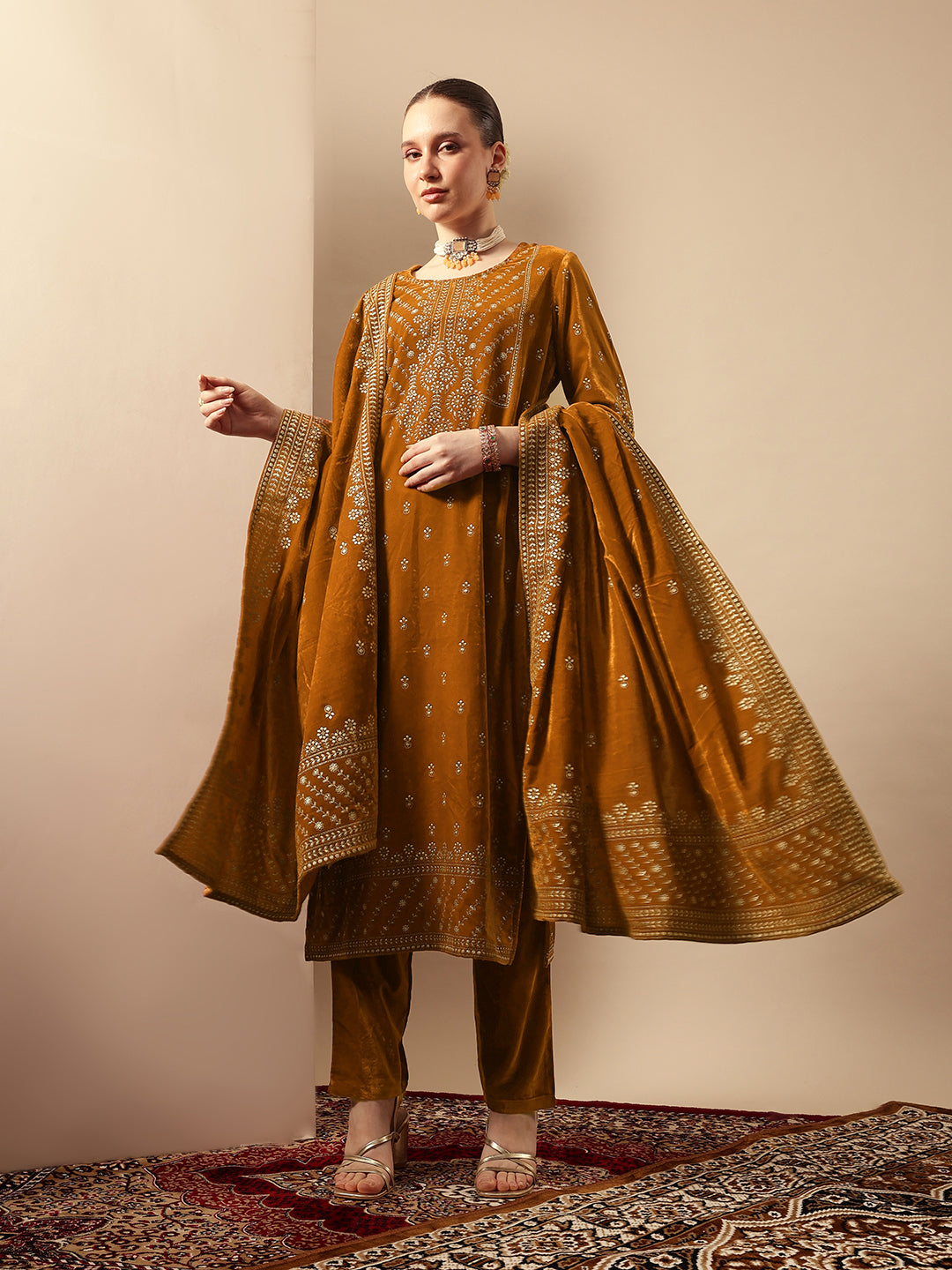 Rich Gold Velvet Gold Print Straight Kurta sets with dupatta