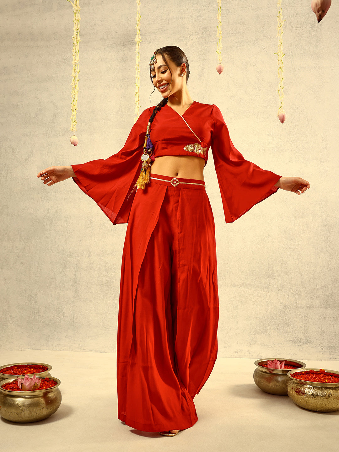 Maroon Zari Embroidered  Festive Tie Up CropTop with Layered Palazzo