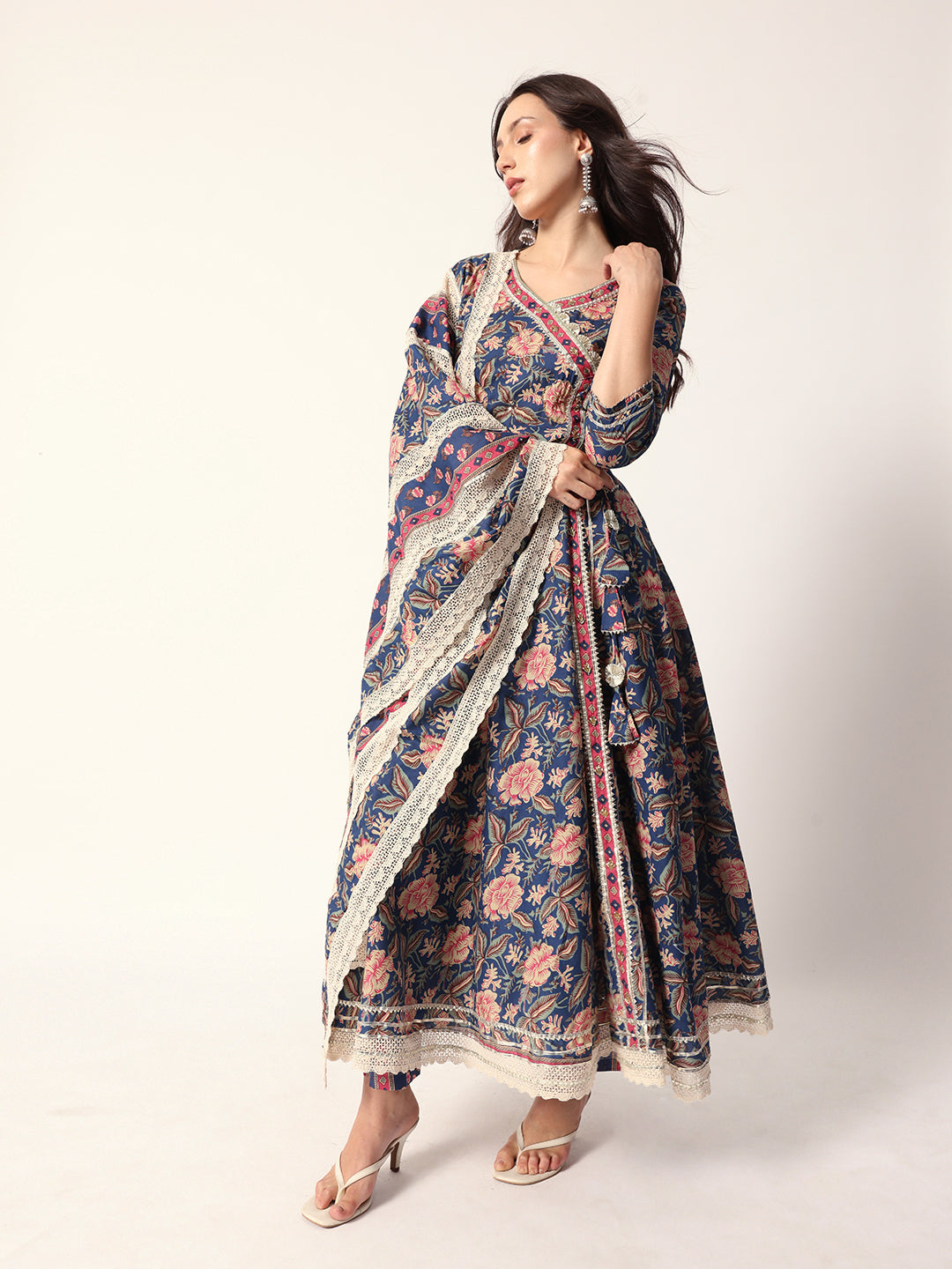 Graceful Blue cotton floral printed angrakha fit kurta set with dupatta