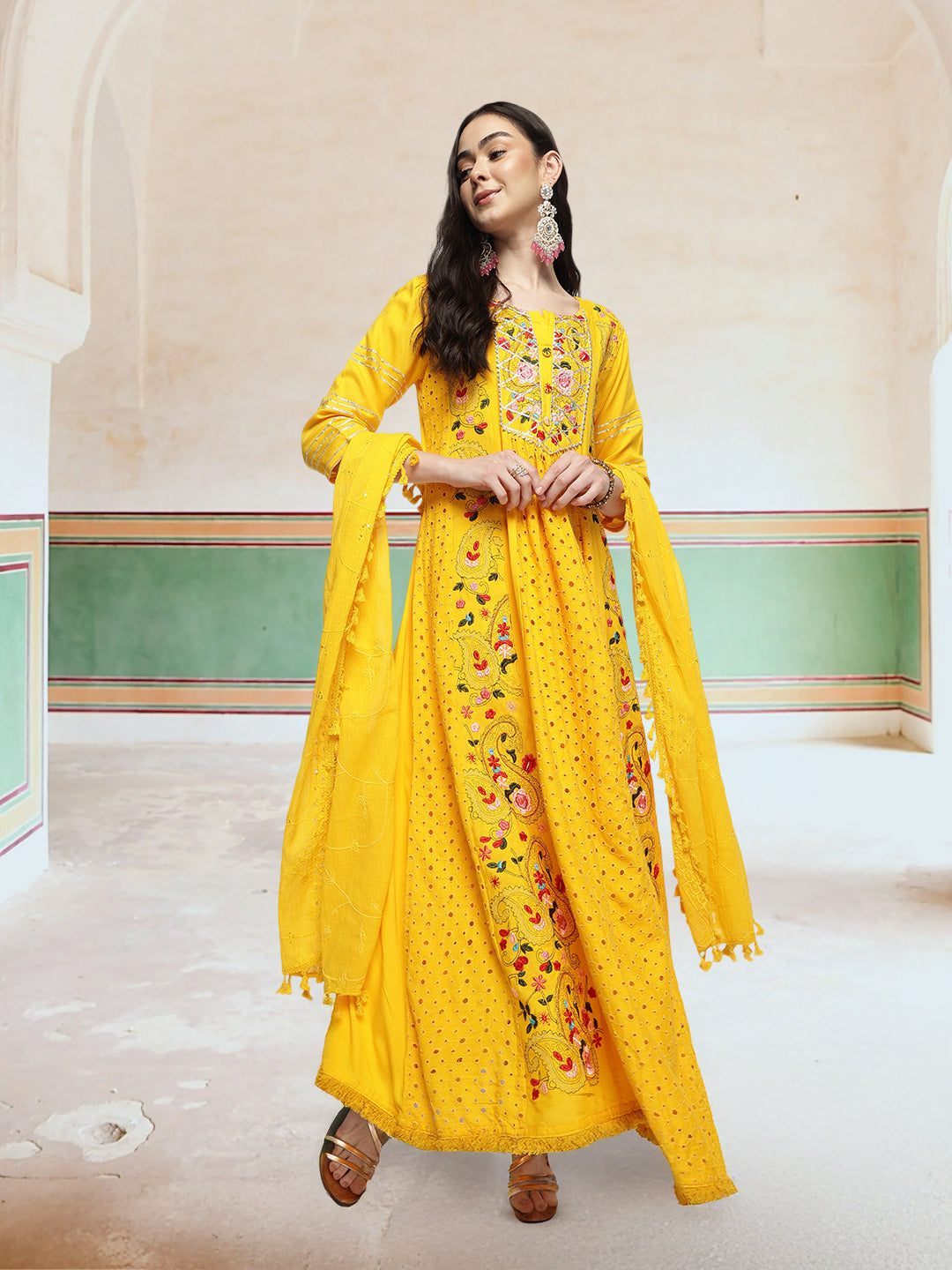 Graceful Yellow Rayon Schiffli Embroidered A-line Kurta Set with dupatta