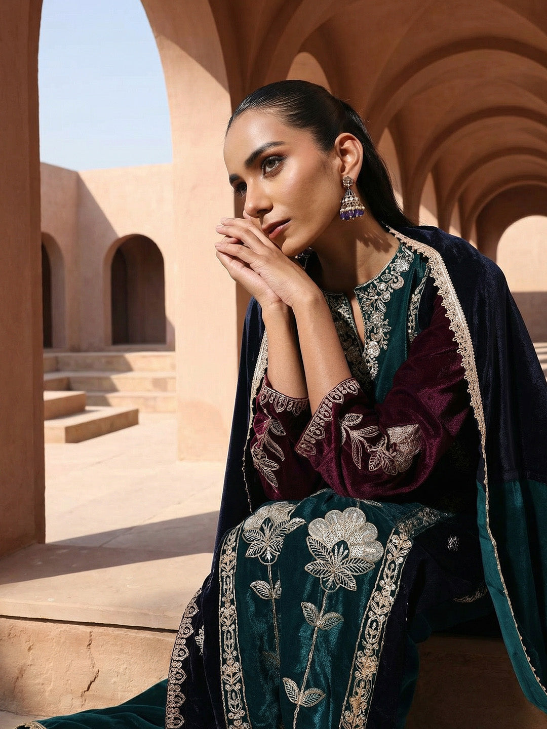 Rich Teal Embroidered Straight Fit Kurta Sets In Velvet