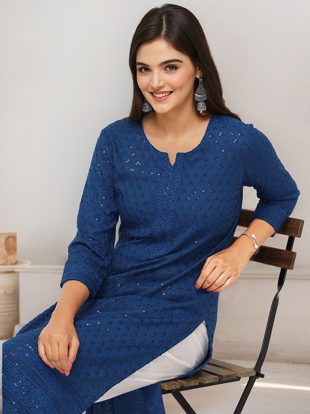 Rich Teal Blue Viscose Rayon Sequined Embroidered Kurta
