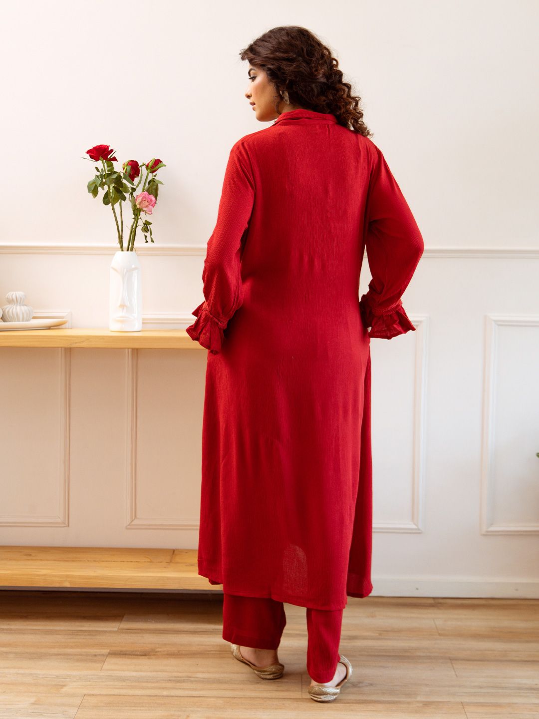 Comfy Viscose Red Solid A-Line Kurta Set With Shirt Collar And Straight Bottom