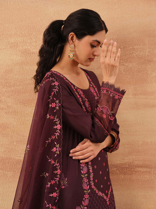 Ishin Women Wine Roman Silk 3Pcs Kurta Set
