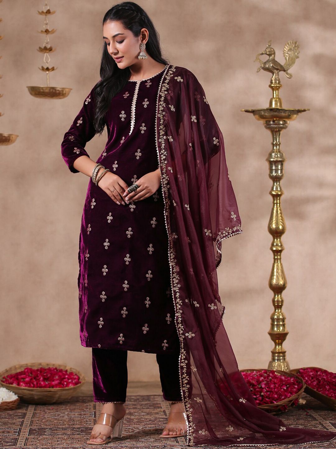 Rich Purple Velvet Zari Embroidered Kurta Set With Sheer Voile Butta Dupatta