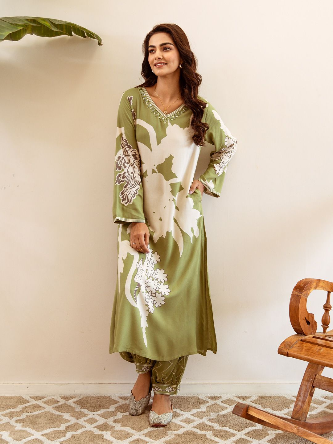 Soft Viscose Rayon Green Floral Printed A-Line Kurta Set With Afghani