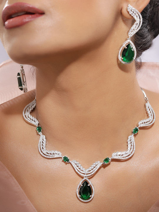Ishin Green  Colour Silver Plated American Diamond Jewellery Set