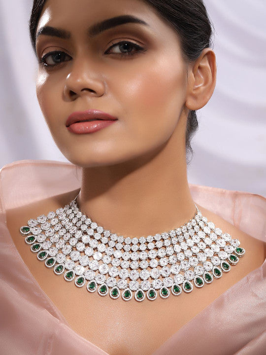 Ishin Green  Colour Silver Plated American Diamond Jewellery Set