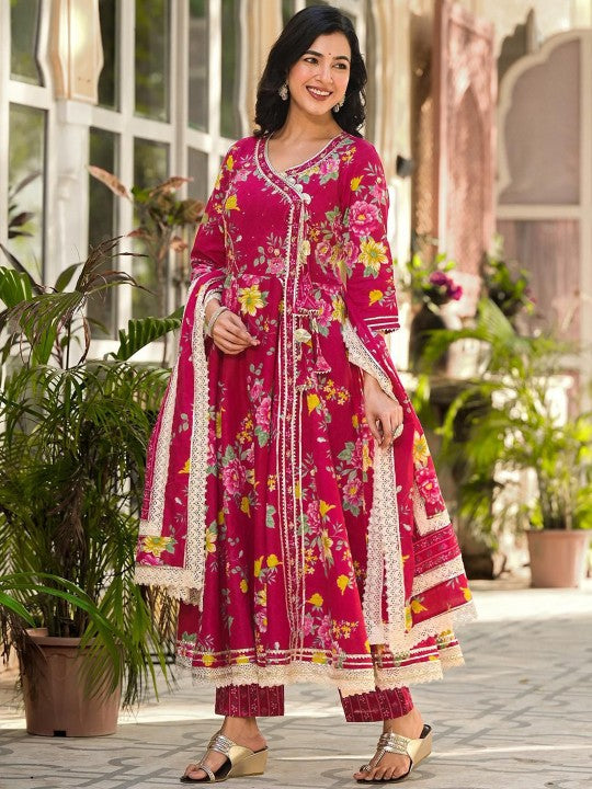 Graceful Pink Cotton Floral Printed & Embroidered Angrakha Fit Kurta Set With Dupatta