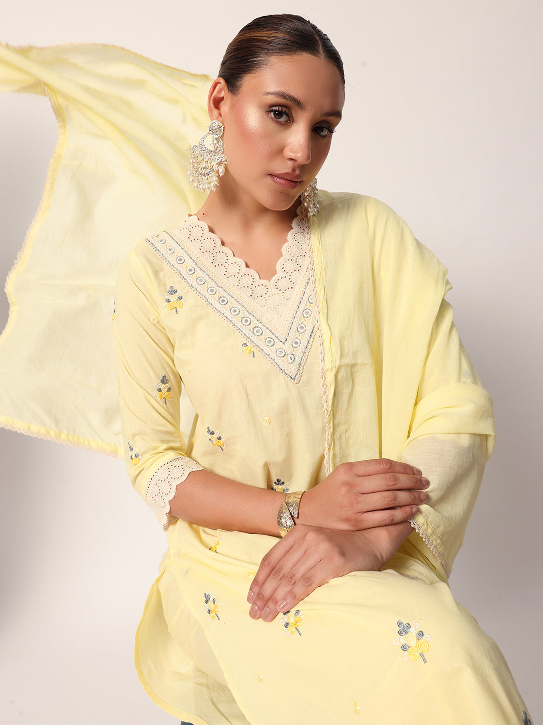 Comfy Yellow cotton embroidered shiffly scalloping straight fit kurta set with dupatta
