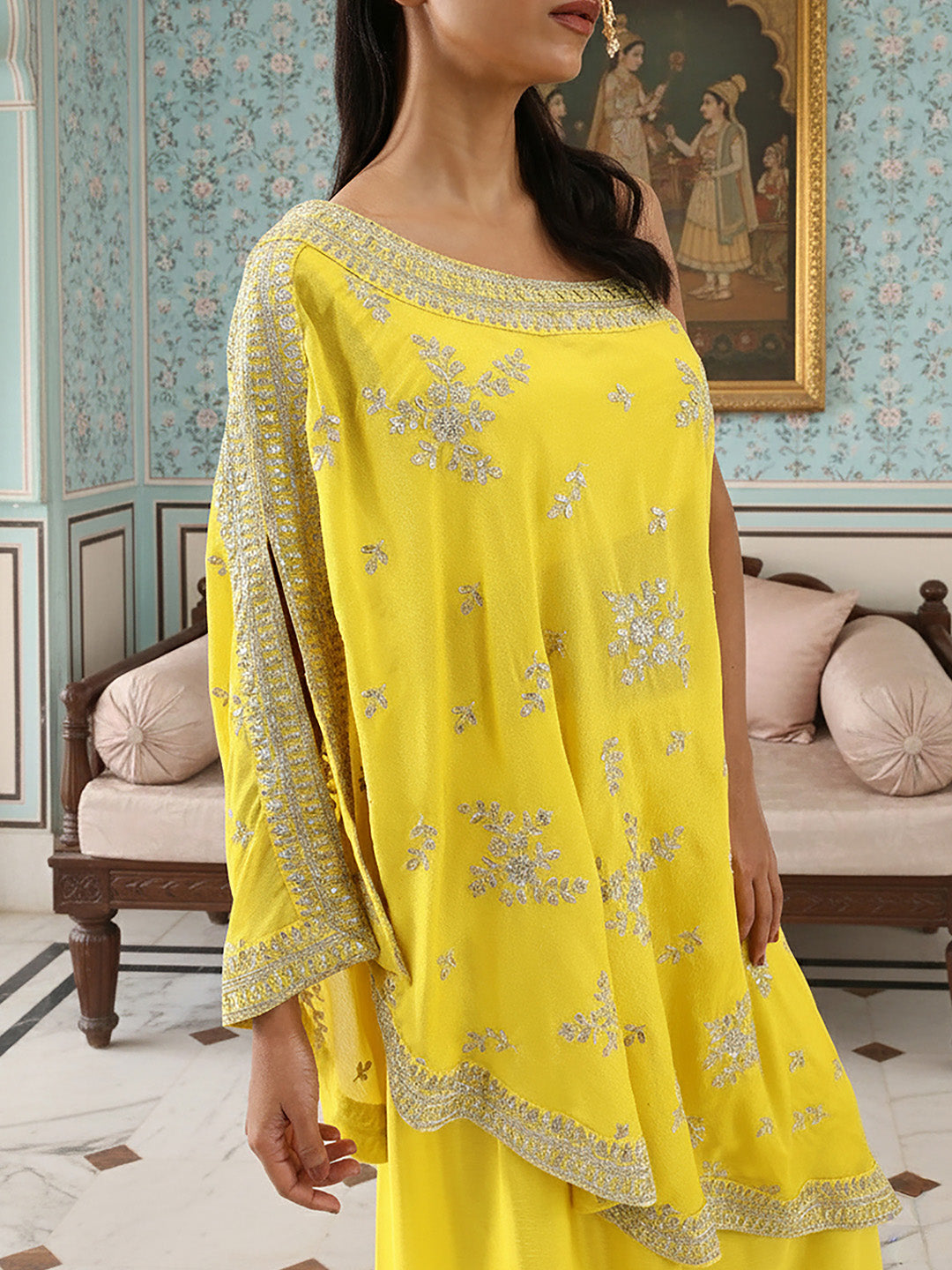 Rich Chinon Embroidered Yellow Embroidered A Line Co-Ords ShararaBottom
