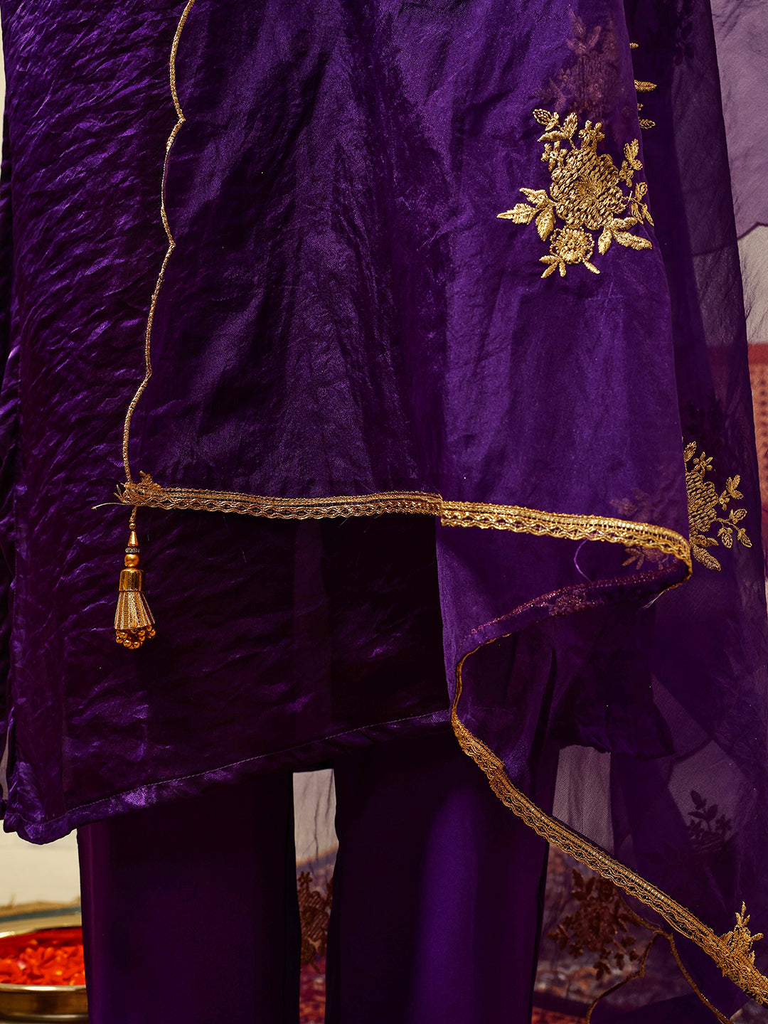 Purple Cording & Zari Embroidered Festive Kurta with Trouser & Embellished Organza Dupatta