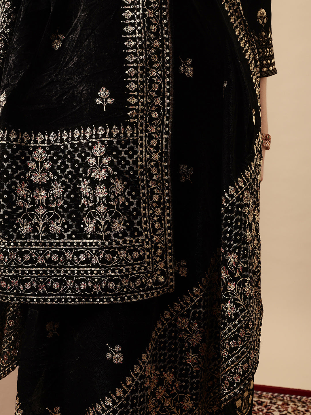 Rich Black Velvet Gold Print Straight Kurta sets with dupatta
