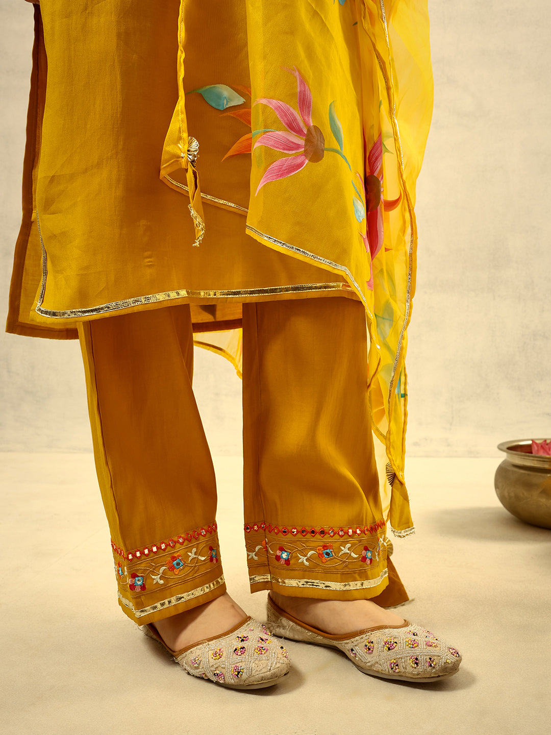 Mustard Mirror & Thread Embroidered  Festive Kurta with Trouser & hand painted Dupatta