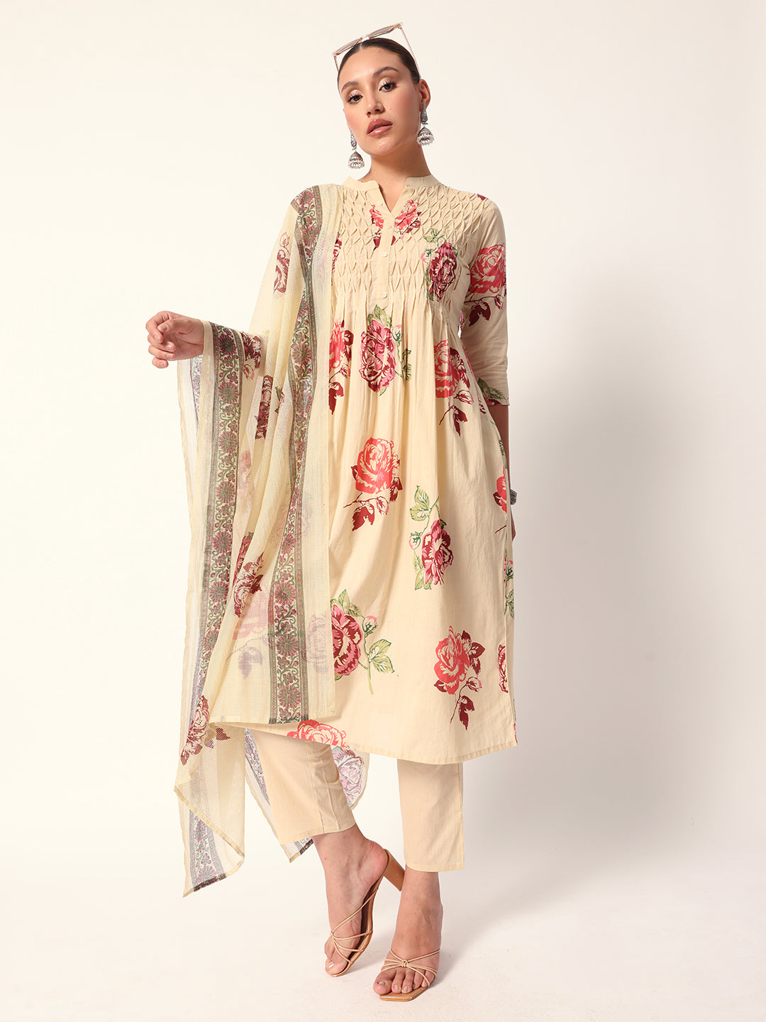 Comfy OffWhite cotton floral printed anarkali fit kurta set with dupatta