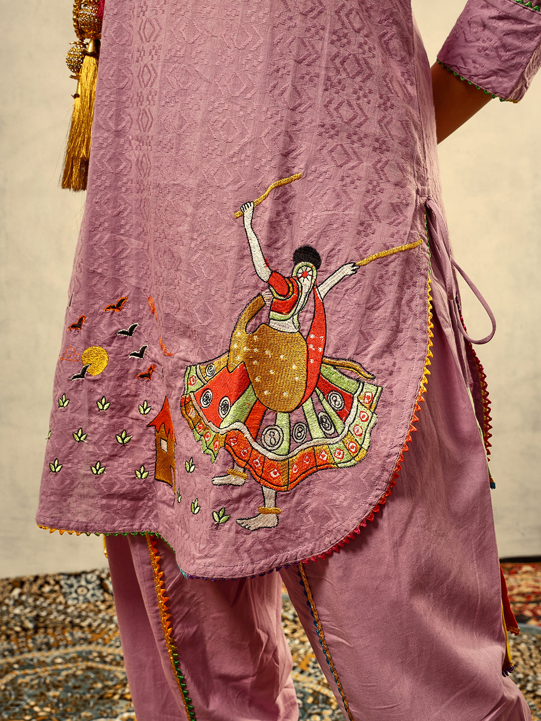 Purple Bohemian Thread Embroidered Kurta with Dhoti Pants