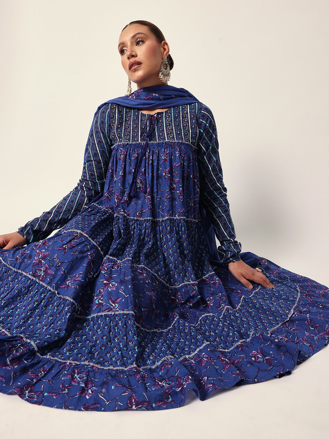 Graceful Blue Cotton floral printed tiered fit kurta set with dupatta