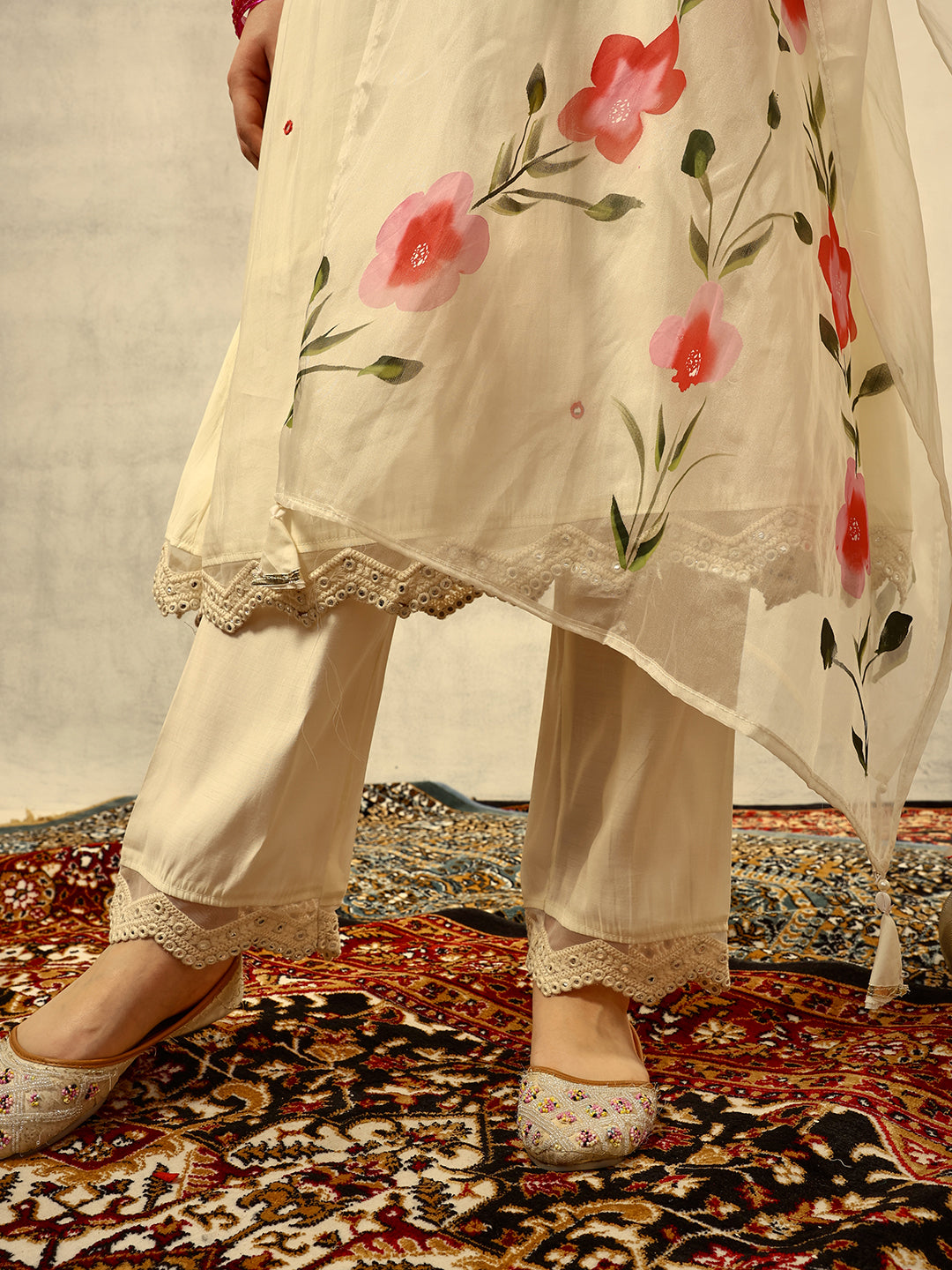 Off White Mirror & Thread Embroidered  Festive Kurta with Trouser & Hand Painted Dupatta