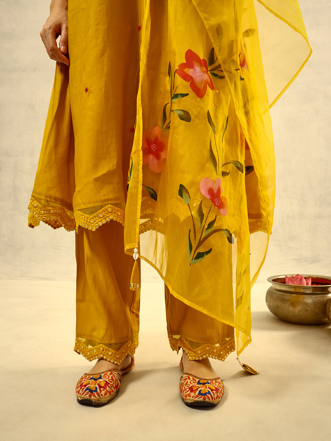 Mustard Mirror & Thread Embroidered  Festive Kurta with Trouser & Hand Painted Dupatta