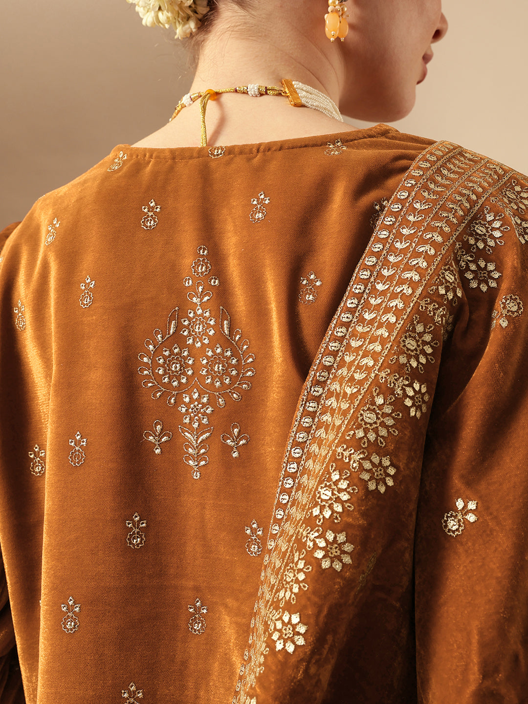 Rich Gold Velvet Gold Print Straight Kurta sets with dupatta