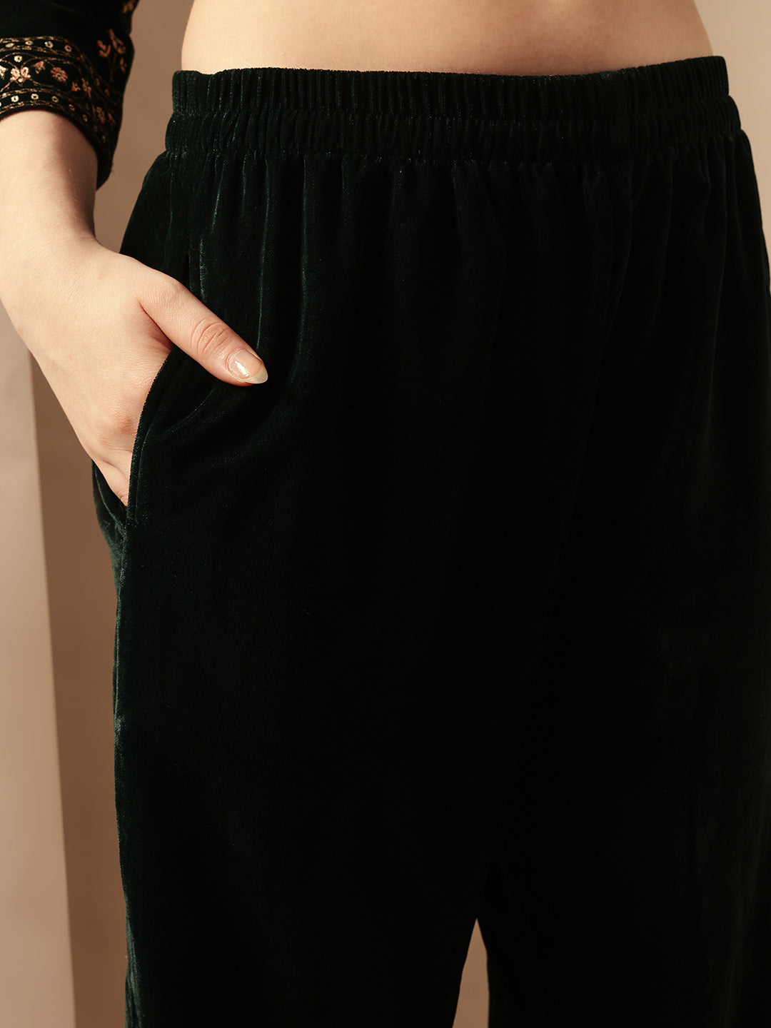 Rich Green Velvet Gold Print Straight Kurta sets with dupatta