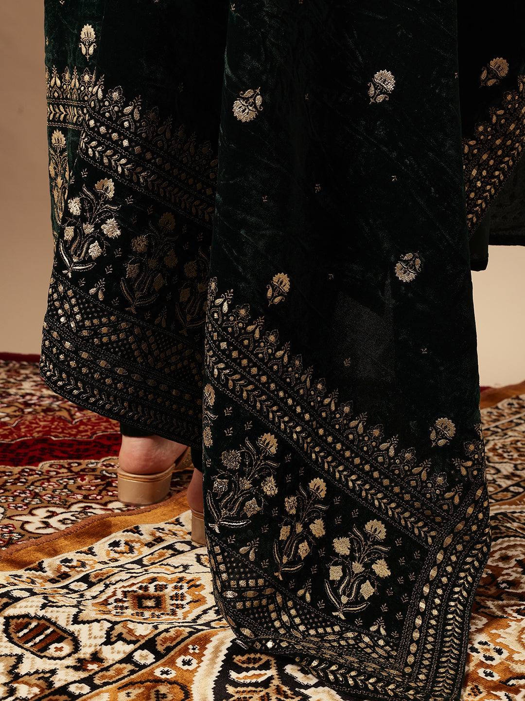 Rich Dark Green Velvet Gold Print Straight Kurta sets with dupatta