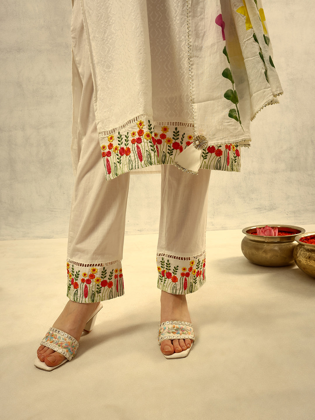 Off White Multi Coloured Thread Embroidered Kurta with Trouser and Hand Painted Dupatta