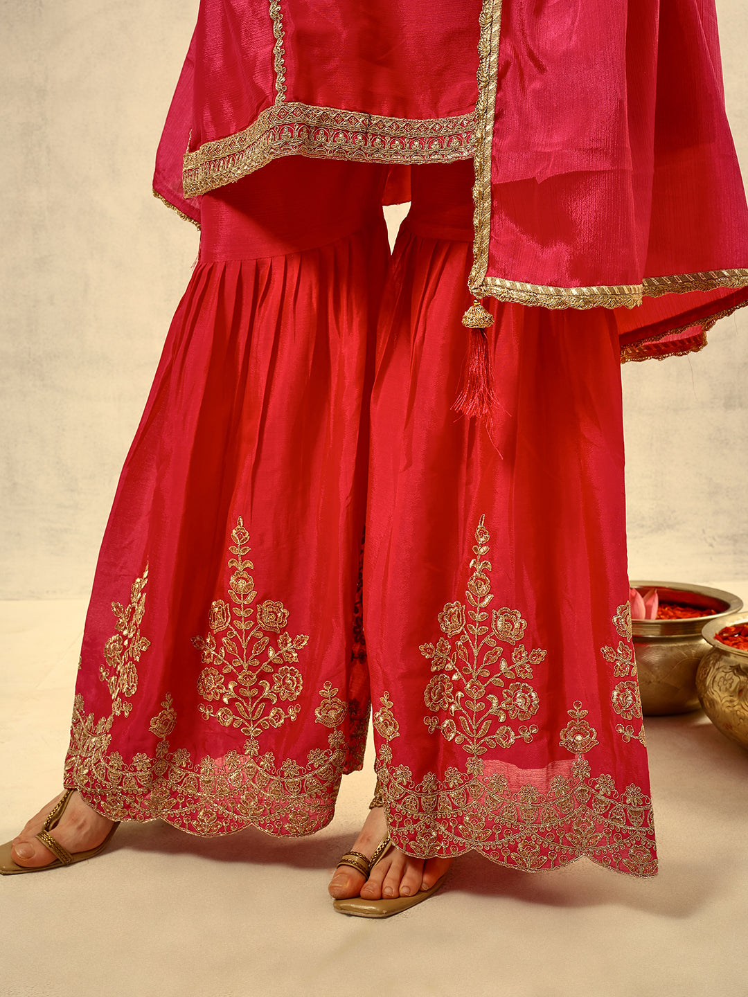 Ishin Pink Cording & Zari Embroidered  Festive Kurta with Sharara & Embellished Dupatta