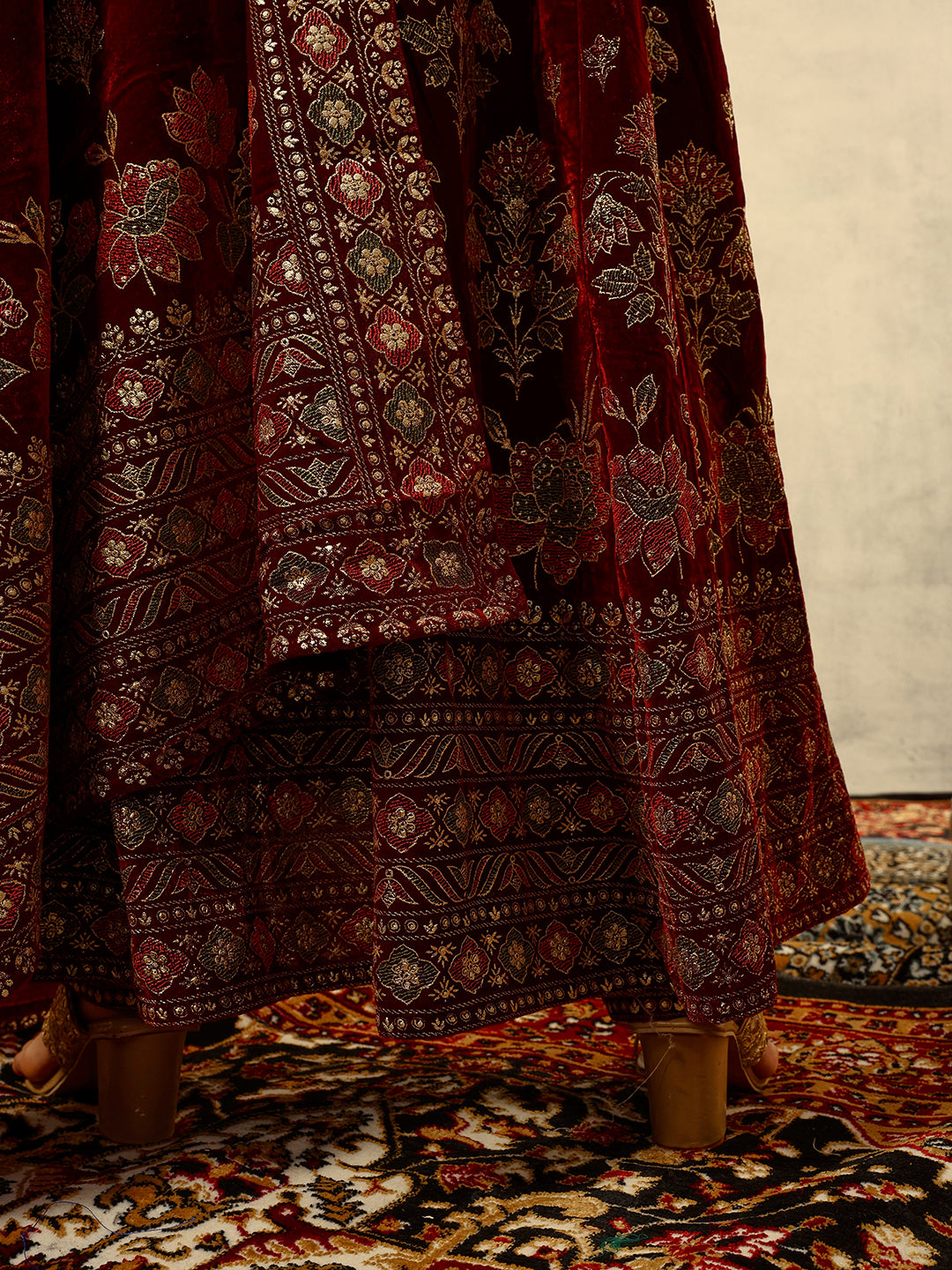 Ishin Maroon Gold Printed Anarkali Festive Kurta with Trouser & Velvet Dupatta