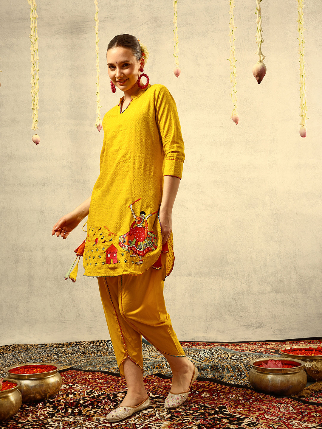 Yellow Bohemian Thread Embroidered Kurta with Dhoti Pants