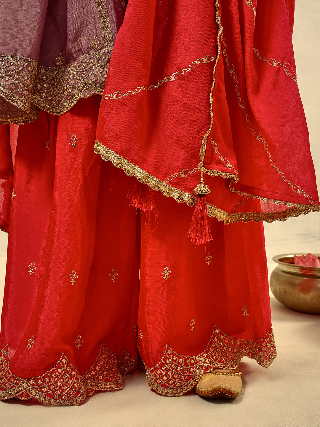 Ishin Purple Cording & Zari Embroidered  Festive Kurta with Sharara & Embellished Dupatta