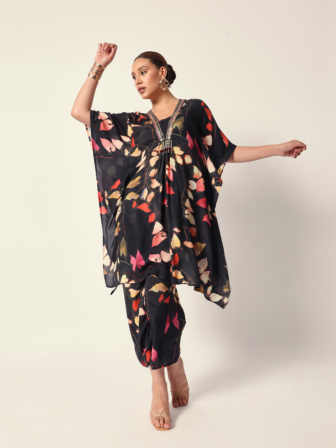 Soft Black Cotton Blend floral embroidery Kaftan Fit kurta set