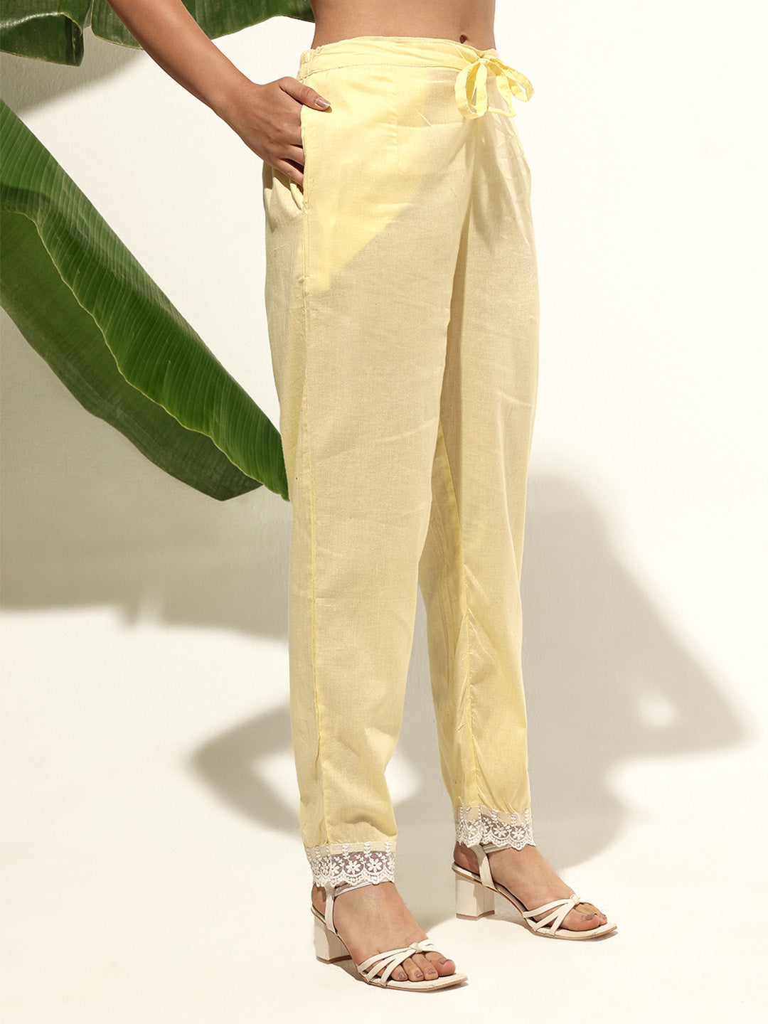 Graceful Yellow Cotton Schiffli Straight Fit  Kurta Set with floral Lace dupatta