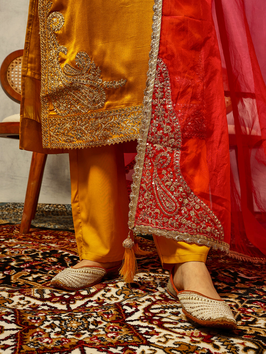 Mustard Cording & Zari Embroidered Festive Kurta with Trouser & full width Organza Dupatta