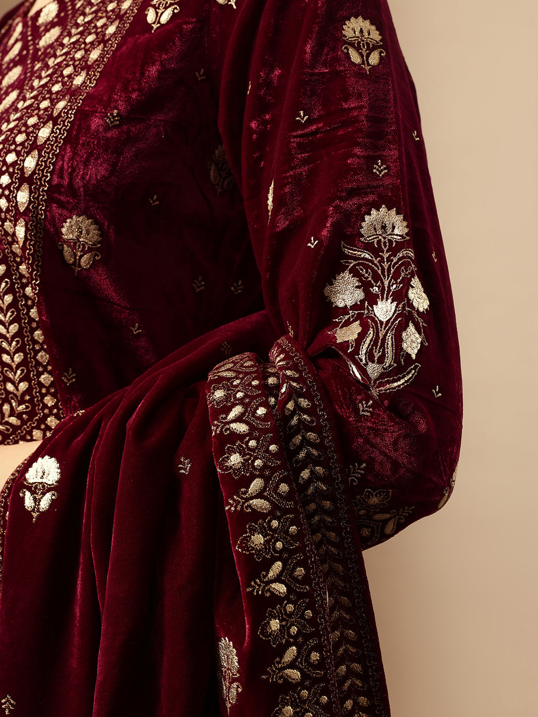 Rich Wine Velvet Gold Print Straight Kurta sets with dupatta