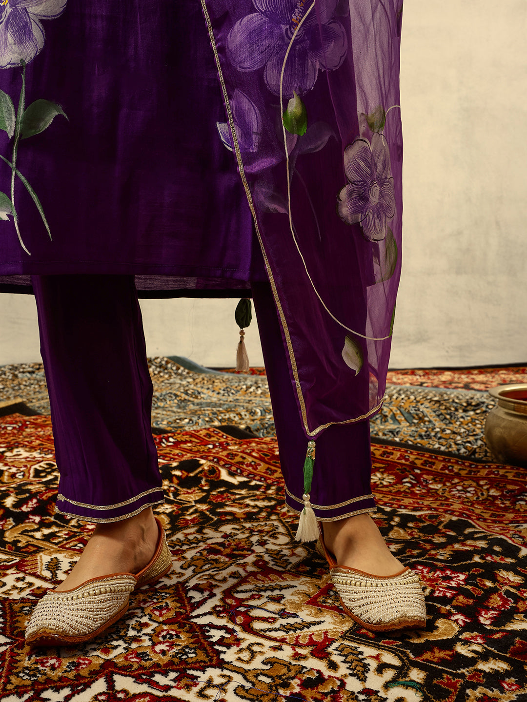 Purple Floral Hand Painted Kurta with Trouser and Dupatta