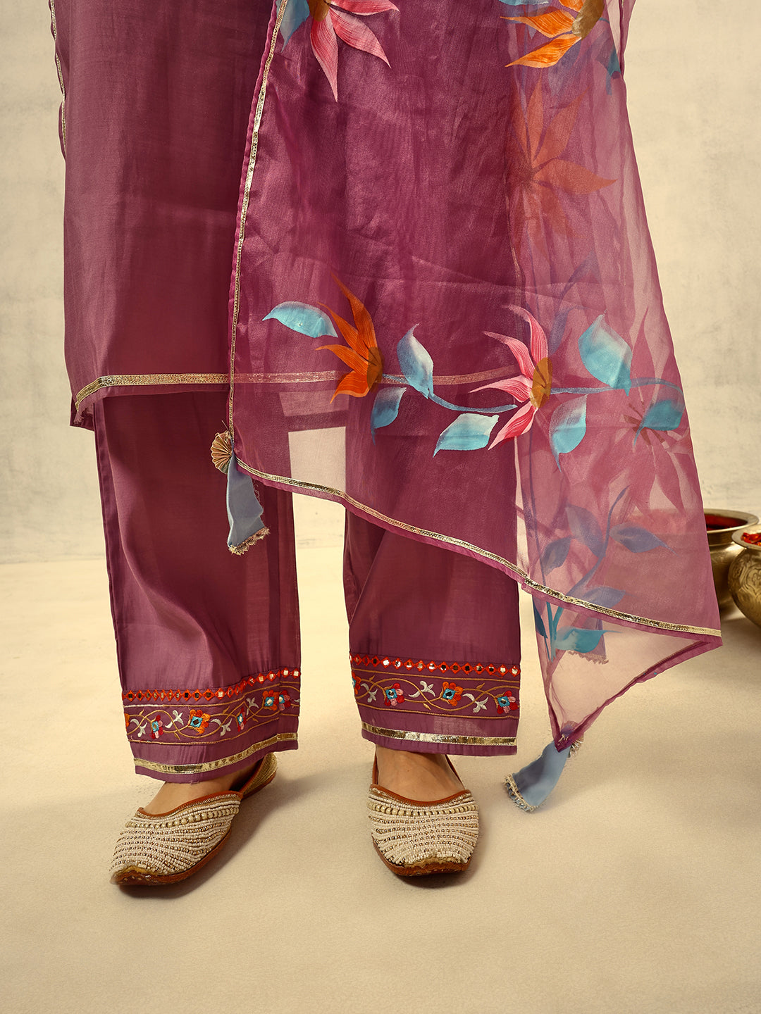 Purple Mirror & Thread Embroidered  Festive Kurta with Trouser & hand painted Dupatta