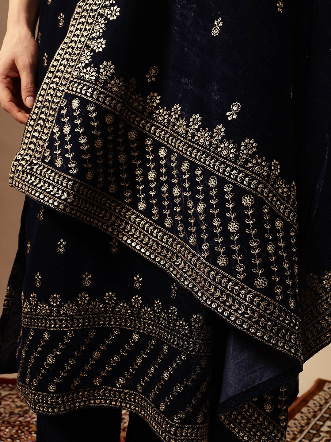 Rich Navy  Velvet Gold Print Straight Kurta sets with dupatta