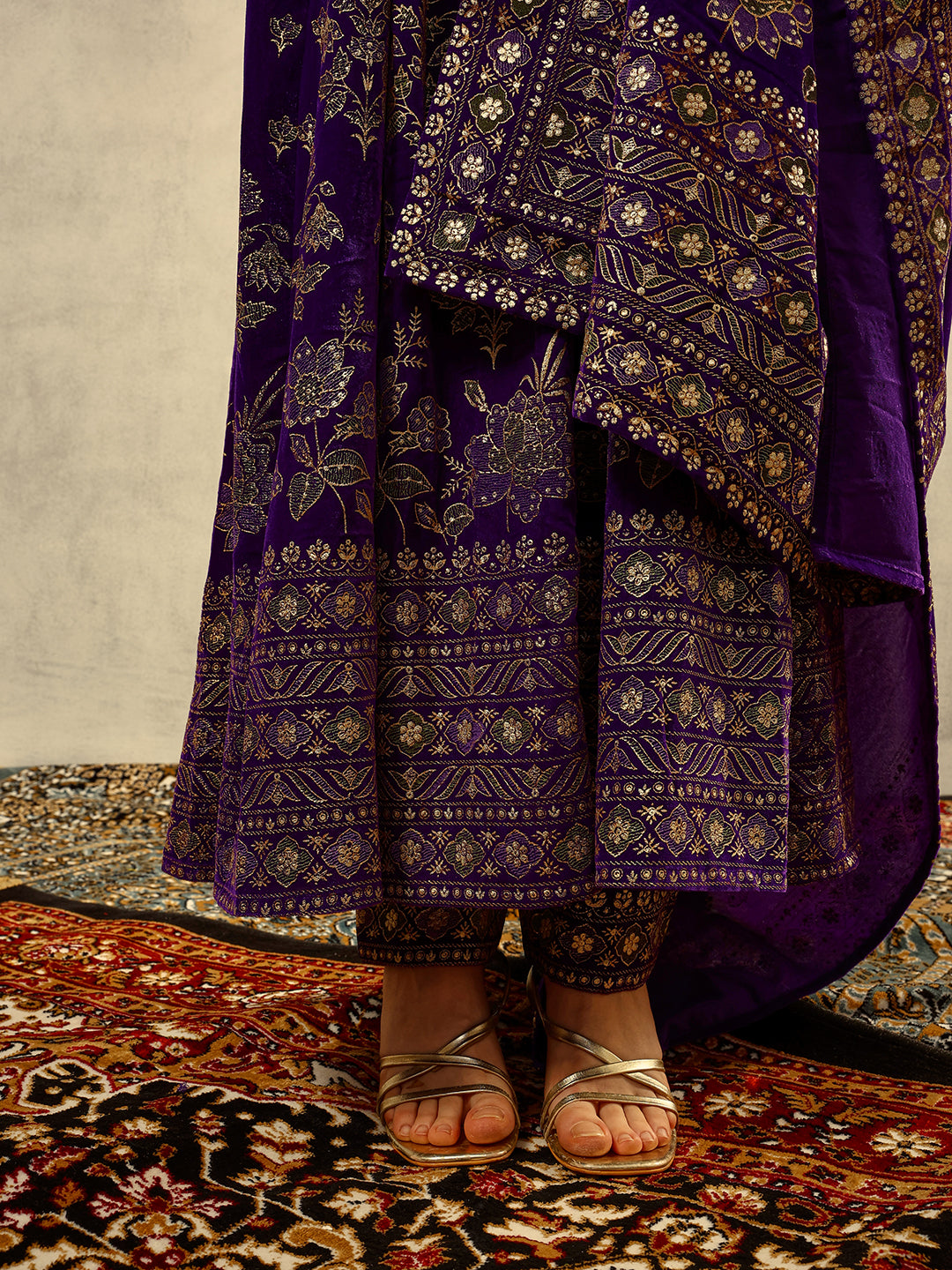 Ishin Purple Gold Printed Anarkali Festive Kurta with Trouser & Velvet Dupatta