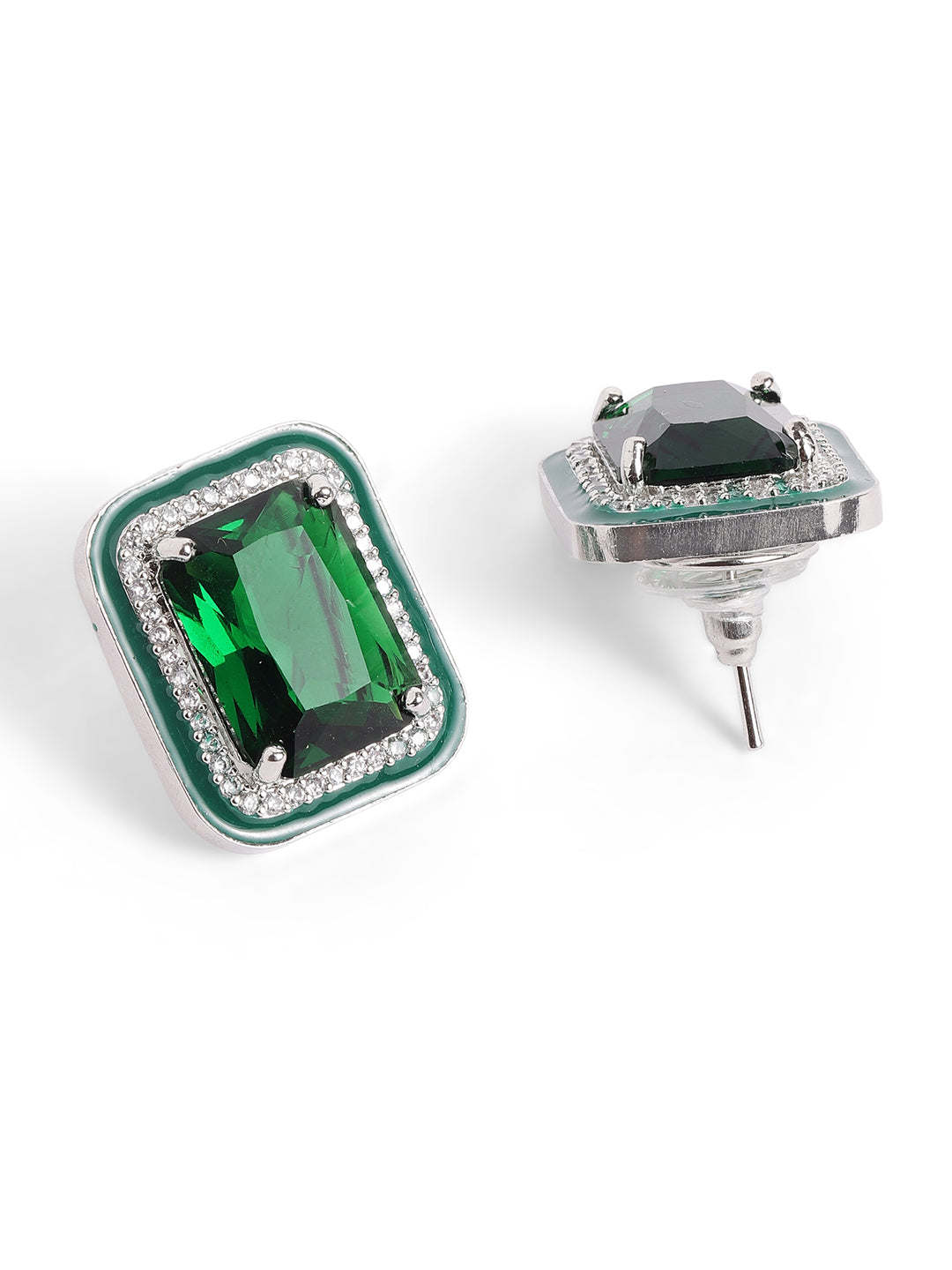 Green Colour Silver Plated AD Studs Earring