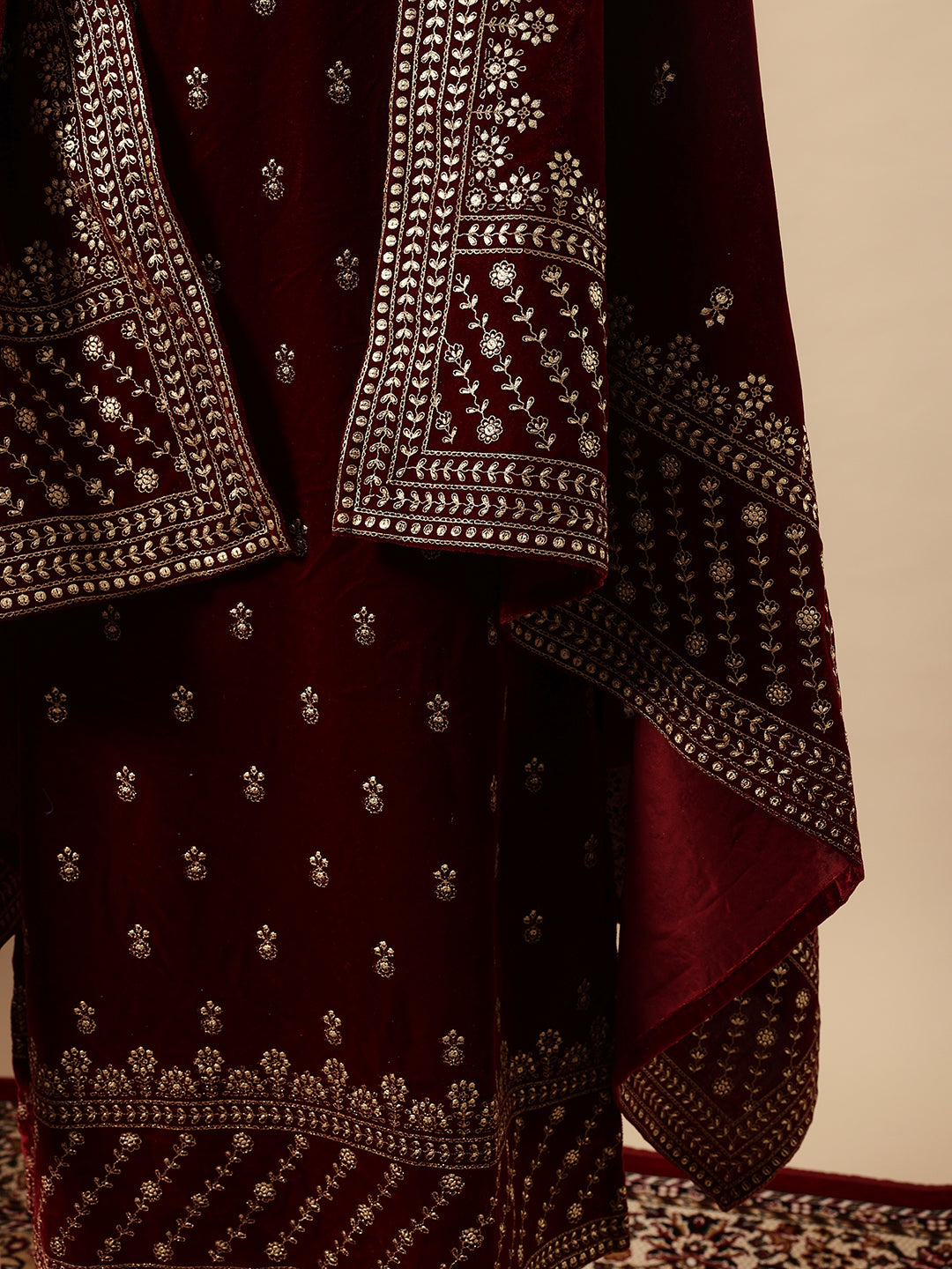 Rich Maroon Velvet Gold Print Straight Kurta sets with dupatta