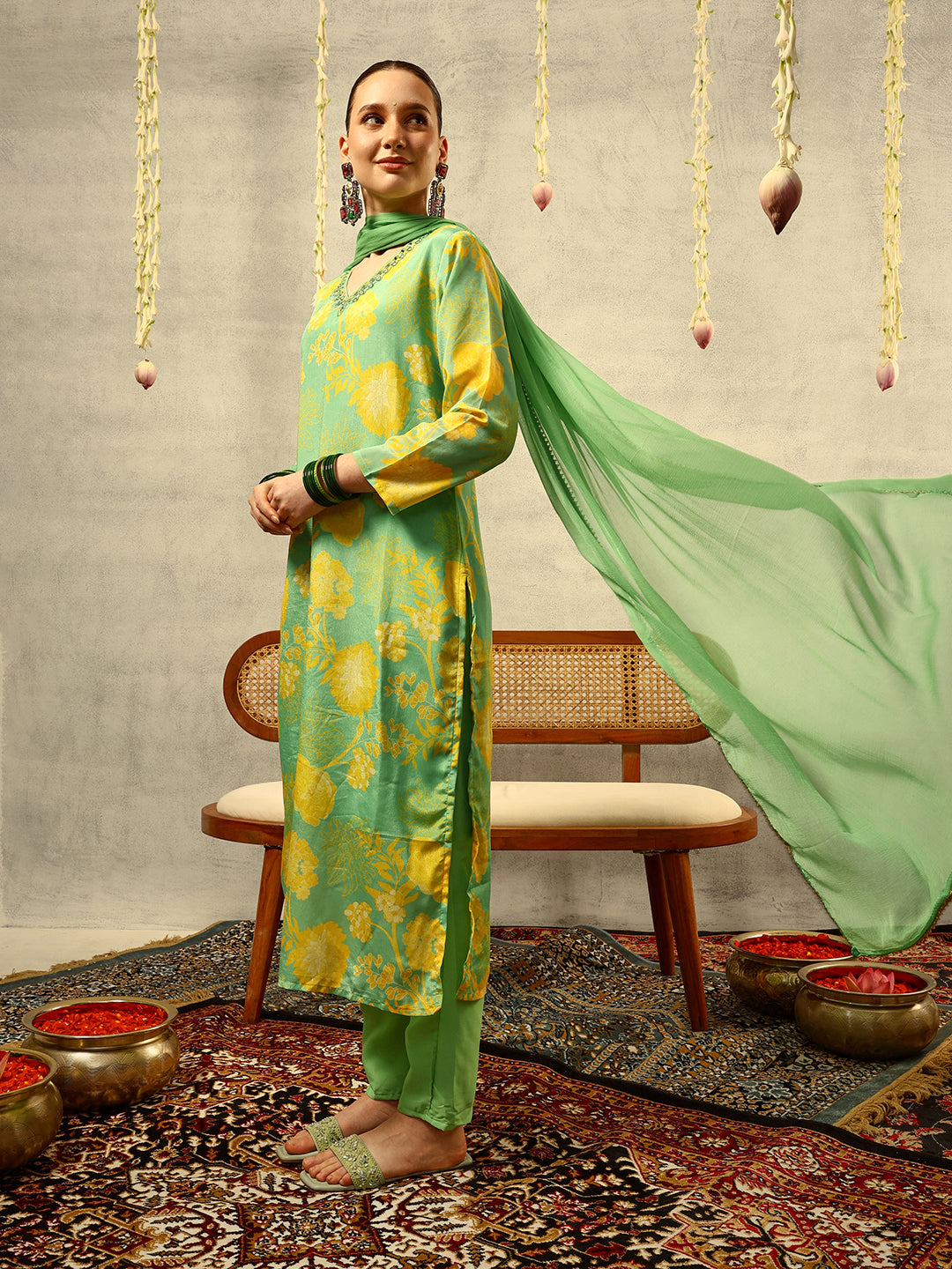 Green Digital Floral Printed & Mirror Embroidered Straight Kurta with Trouser & Dupatta