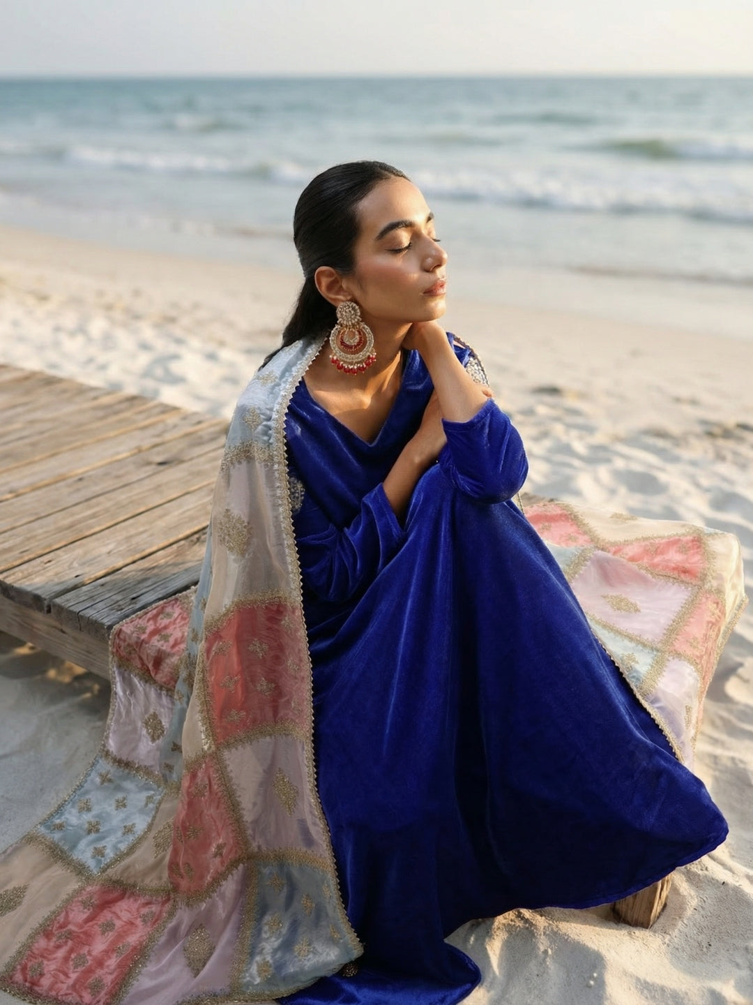 Rich Blue Organza Patchwork Embroidered Anarkali Kurta Set