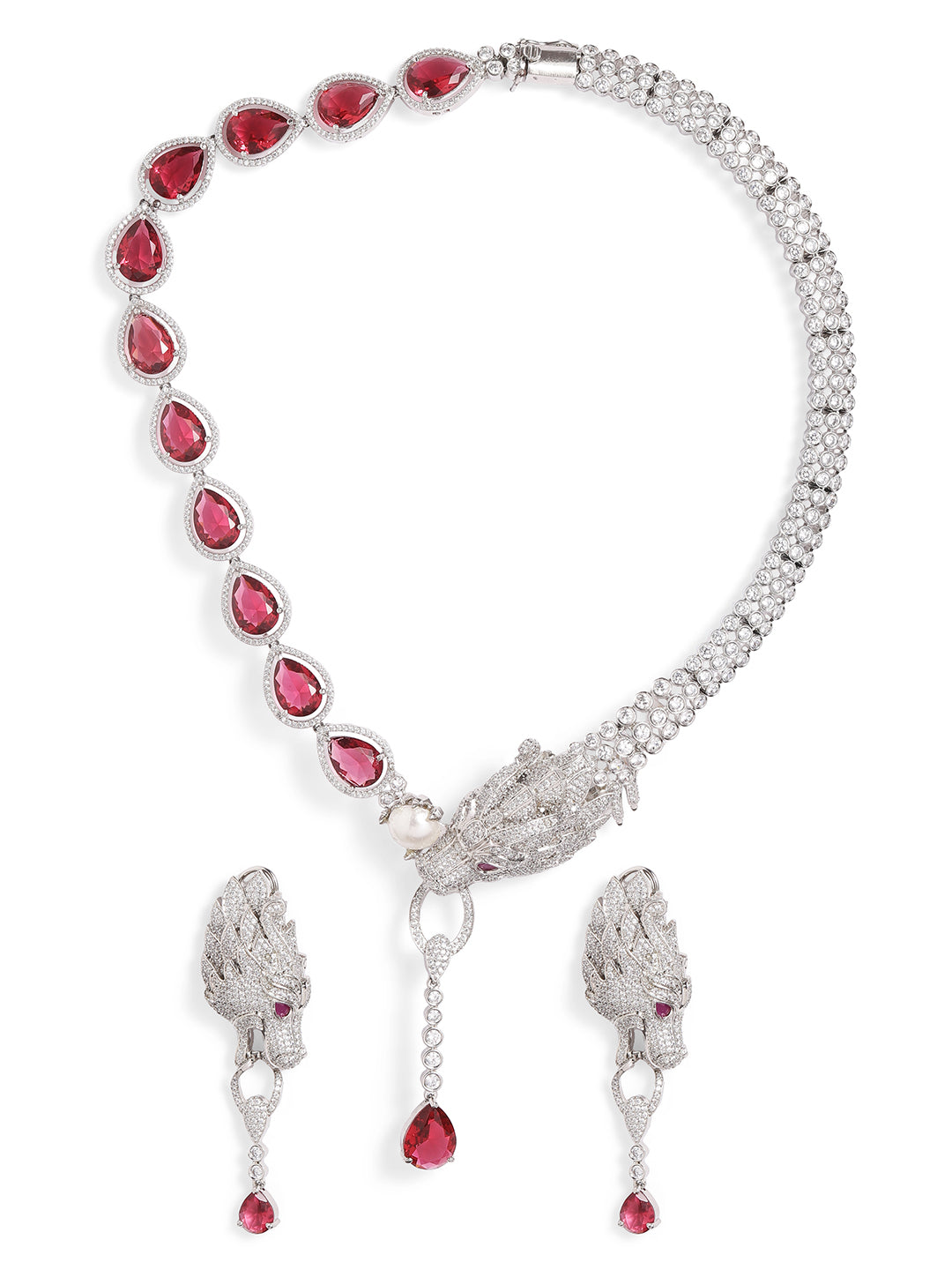 Red Colour Silver Plated AD Jewellery Set