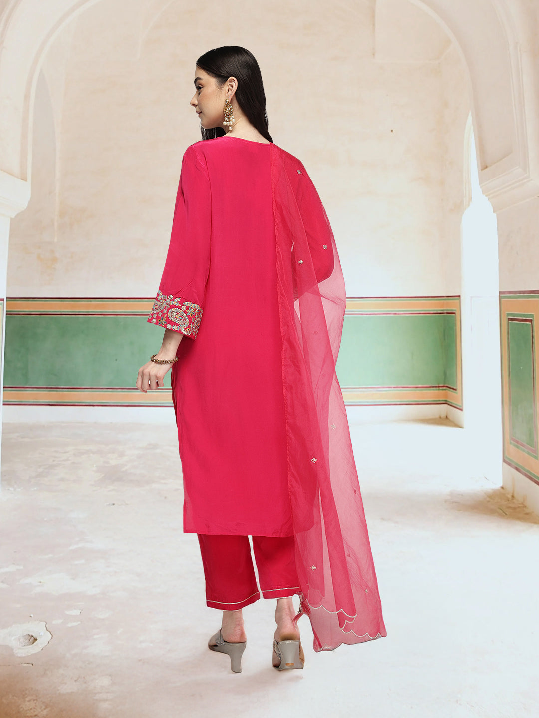 Graceful Pink Chinon Zari Embroidered Straight Fit  Kurta Set with scallop detailed dupatta