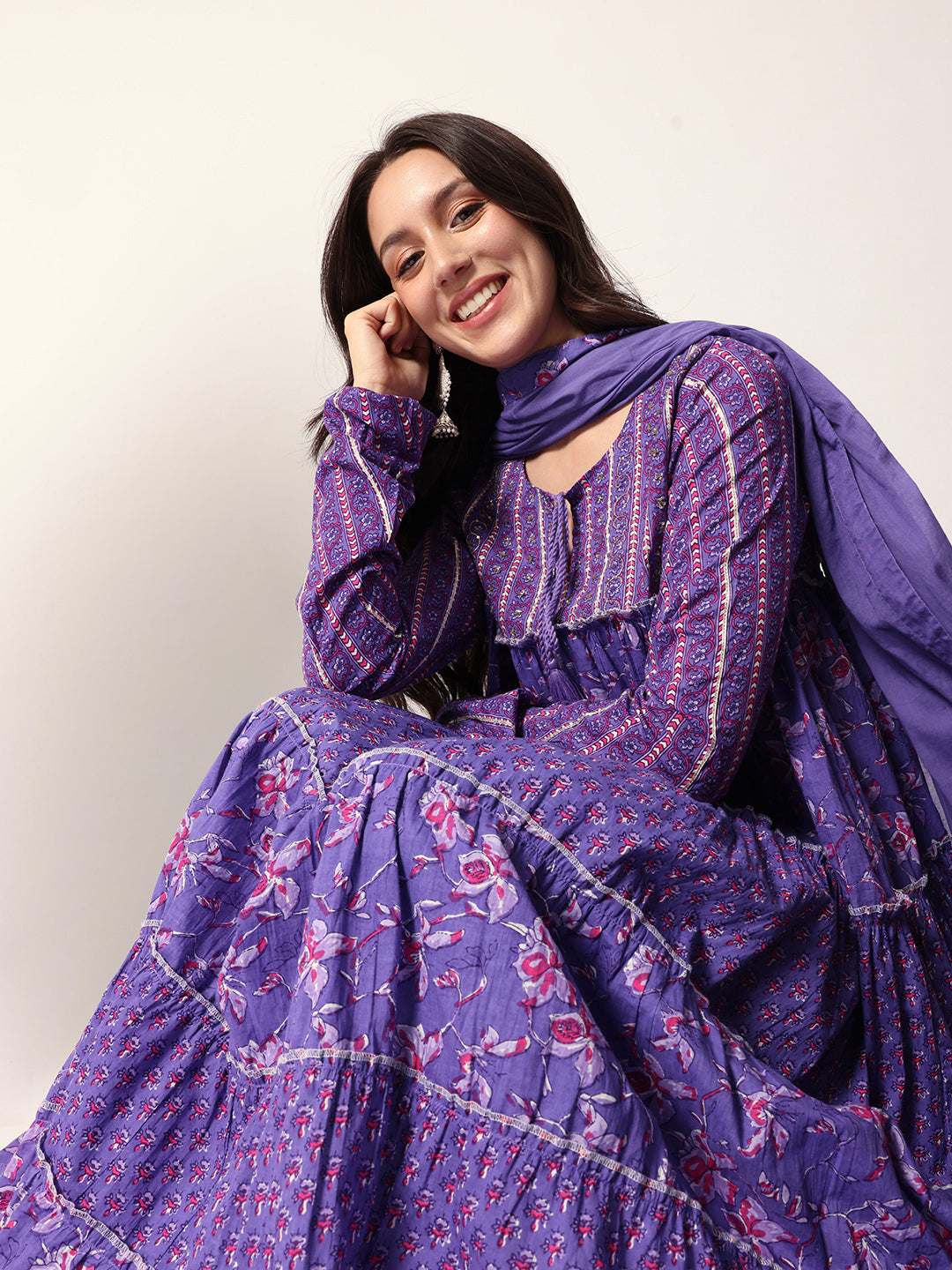 Graceful purple Cotton floral printed tiered fit kurta set with dupatta