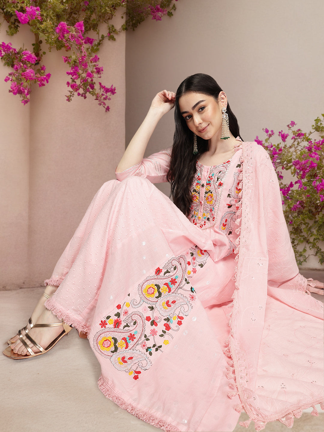 Graceful Pink  Cotton Dobby Embroidered A-line Kurta Set  with tasseled dupatta