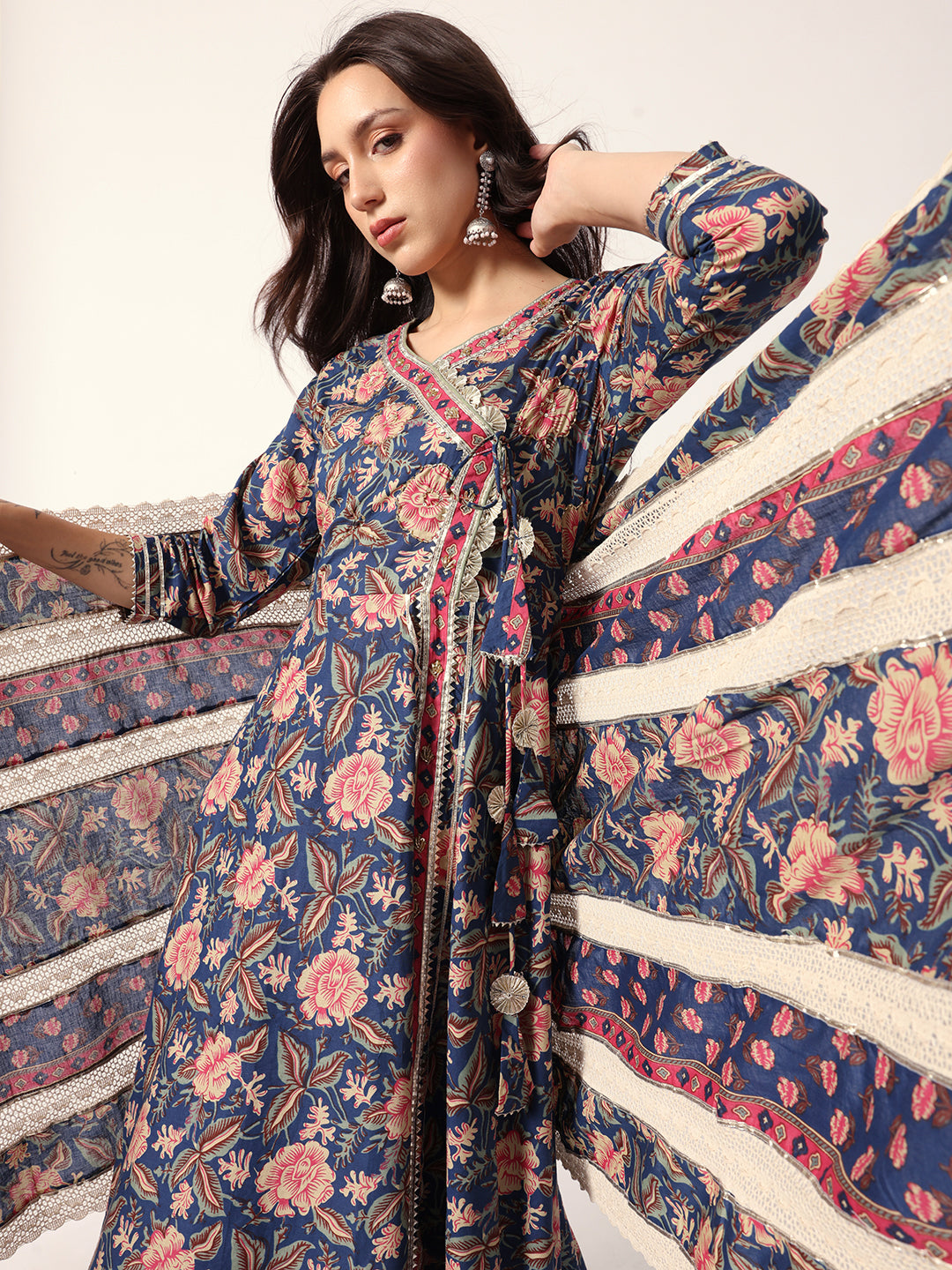 Graceful Blue cotton floral printed angrakha fit kurta set with dupatta