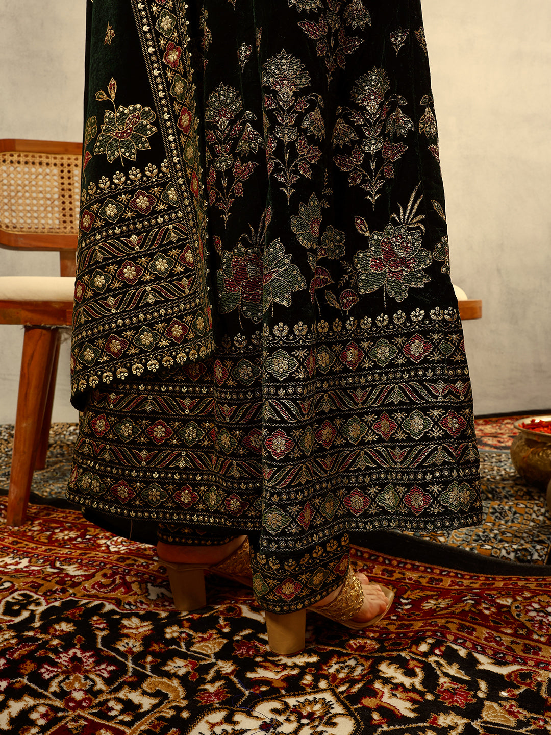 Ishin Green Gold Printed Anarkali Festive Kurta with Trouser & Velvet Dupatta